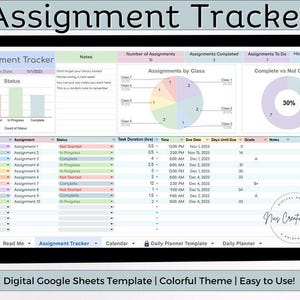 May include: Digital assignment tracker template on a tablet screen. The spreadsheet shows assignment status, class breakdowns, and due dates. The text reads "Assignment Tracker" and "Digital Google Sheets Template".