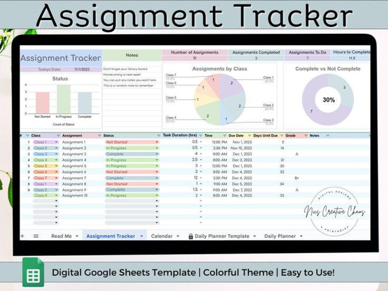 May include: Digital assignment tracker template on a tablet screen. The spreadsheet shows assignment status, class breakdowns, and due dates. The text reads "Assignment Tracker" and "Digital Google Sheets Template".