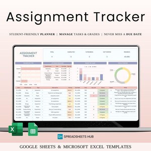 May include: A laptop displaying an "Assignment Tracker" spreadsheet template. The screen shows a table with columns for course, assignment, due date, and status. The text "Student-Friendly Planner" and "Manage Tasks & Grades" are also visible.