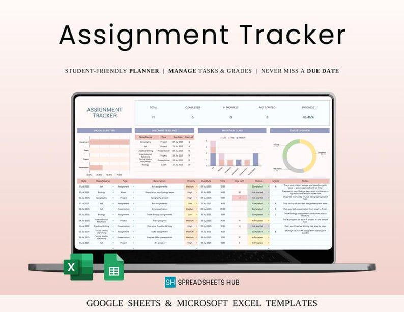 May include: A laptop displaying an "Assignment Tracker" spreadsheet template. The screen shows a table with columns for course, assignment, due date, and status. The text "Student-Friendly Planner" and "Manage Tasks & Grades" are also visible.