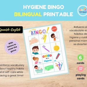 Bingo bilingue sur l'hygiène pour enfants | Jeu imprimable d'entretien personnel | Activité de vocabulaire sur les habitudes saines pour les enfants d'âge préscolaire | Bingo espagnol/anglais