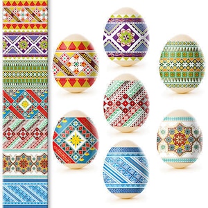 May include: Seven white eggs decorated with colorful geometric patterns. The patterns include red, blue, green, yellow, and white. The eggs are arranged in a circle on a white background.