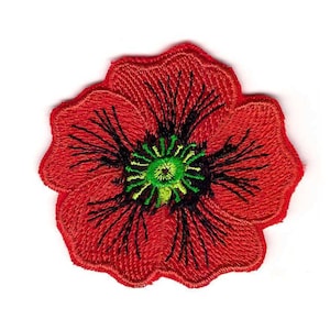 May include: Embroidered red flower patch with black and green details. The flower has multiple petals and a detailed center. The patch is likely for decorative purposes, such as adding to clothing or accessories.
