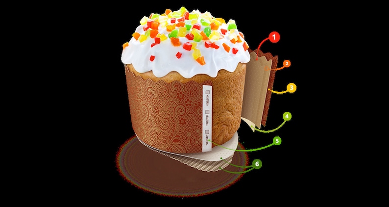 Może przedstawiać: Dekorowany tort wielkanocny z białym lukrem i kolorowymi posypkami pokazany jest w brązowej papierowej formie do pieczenia. Forma jest wyłożona ozdobnym papierowym wkładką. Tort stoi na brązowej podstawie z tektury.