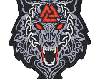 Fenrir Head Valknut Patch - Wolf Fenrisúlfr Norse Mythology Viking Odin God Logo - Sew-on Style