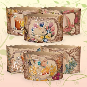 Puede incluir: Conjunto de seis forros para cupcakes de papel marrón con borde festoneado. Cada forro presenta un diseño de Pascua de inspiración vintage diferente con imágenes de conejos, pollitos, flores y otros símbolos de Pascua. Los diseños están impresos en tonos de rosa, azul, amarillo y verde.