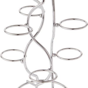 May include: A chrome metal egg holder with a unique, curved design. It has six individual rings to hold eggs, and a circular base.