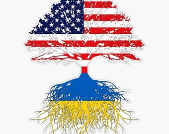 Sticker voiture Etats-Unis et Ukraine - Racines ukrainiennes cultivées en Amérique - Drapeaux Ukraine et Etats-Unis