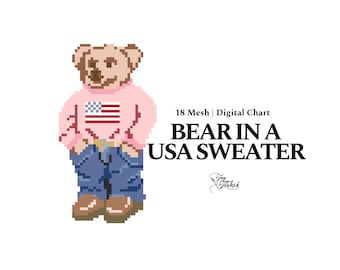 Puede incluir: Una ilustración pixelada de un oso marrón que lleva un suéter rosa con un diseño de bandera estadounidense y pantalones vaqueros azules. El texto "BEAR IN A USA SWEATER" está debajo del oso. El texto "18 Mesh | Digital Chart" está encima del oso.