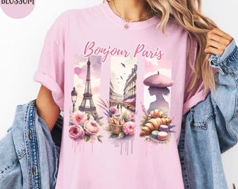 Bonjour Paris Shirt, France Travel T-Shirt, Eiffel Tower Graphic Tee, Parisian Gift Top, Europe Vacation Apparel, Paris Lover Shirt, French
