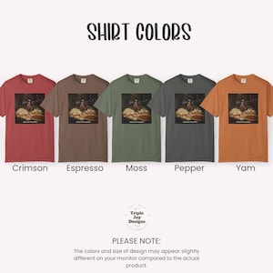 May include: Five short-sleeve t-shirts in crimson, espresso, moss, pepper, and yam colors. Each shirt features a central graphic print of a food spread with the text "HERE FOR THE SIDES." The image includes the text "SHIRT COLORS" and "PLEASE NOTE."