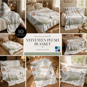 May include: A velveteen plush blanket featuring a repeating pattern of abstract hills, suns, and leafy branches in muted tones of sage green, peach, and cream. The design is displayed across ten different mockups showing the blanket on beds and sofas.