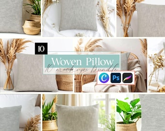 Paquete de maquetas de cojines decorativos tejidos estilo boho: Canva, PSD, Procreate (descarga digital)