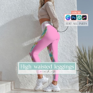 May include: Pink high-waisted leggings with a colorful side panel design. The leggings have a white waistband with text. The image also includes a beige crop top and white sneakers. The text on the image says "High waisted leggings mockup".