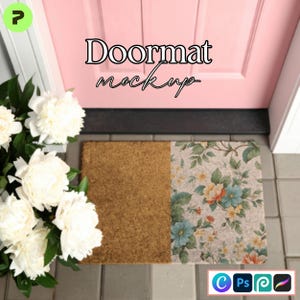 May include: A doormat mockup with the text "Doormat mockup" in a script font. The doormat is divided into two sections: a brown coir section and a floral patterned section with blue, orange, and green flowers. White peonies are on the left.