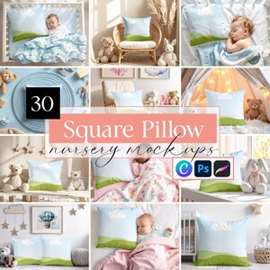 May include: A collection of square pillow nursery mockups. The pillows feature a light blue sky with a white cloud and green landscape design. The image includes the text "Square Pillow nursery mockups" and the number "30".