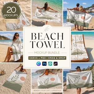 May include: A mockup bundle featuring beach towels with a minimalist design. The towels display a landscape with a sun, mountains, and foliage. The text "BEACH TOWEL" and "MOCKUP BUNDLE" are visible. The bundle includes 20 mockups.