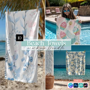May include: A selection of beach towels are shown, each with a unique design. One has a floral pattern with blue and pink hues, while another features cupcakes. The image includes the text "Beach Towels mockup Bundle".
