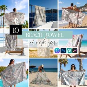 Op de afbeelding: Een collage van strandlaken-mockups met diverse ontwerpen. De handdoeken tonen bloemen- en natuurgeïnspireerde patronen, waaronder luchtballonnen, paardenbloemen en botanische prints. De tekst "BEACH TOWEL mockups" is zichtbaar. Software-iconen voor ontwerpprogramma's zijn ook afgebeeld.