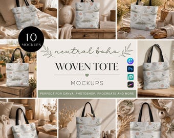 10 Neutral Boho Woven Tote Bag mockup bundle, Printify, Canva, PSD & Procreate (Digital Download)
