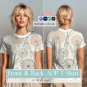 Peut inclure: Maquette de t-shirt blanc, montrant les faces avant et arrière, avec un motif de pissenlit. Le t-shirt a un col rond et des manches courtes. Le motif présente des illustrations de pissenlits beiges et verts. Le texte sur l'image indique "Front & Back AOP T-Shirt mockup" et "Editable Collar".