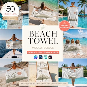 50 Beach Towel Mockups Bundle: Canva Frames, PSD Smart Object, PNG Mockups (Digital Download)