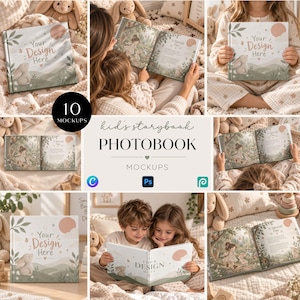 May include: A collection of ten digital mockups featuring a square hardcover photobook for children. The book cover displays a pastel illustration of a rabbit in a landscape with the text Your Design Here. The mockups show the book in various settings.
