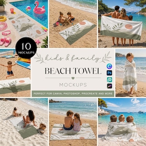 Op de afbeelding: Een mockup-afbeelding met een strandlaken met een op de natuur geïnspireerd ontwerp. De handdoek heeft een groen en beige kleurenschema met een zon- en bladerpatroon. De afbeelding bevat de tekst "kids & family BEACH TOWEL MOCKUPS".
