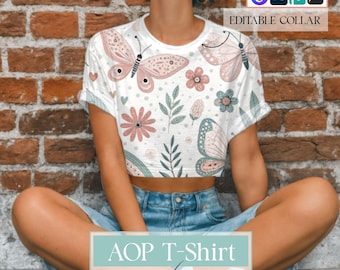 Mockup di t-shirt corta AOP: modello Canva e PSD (download digitale)