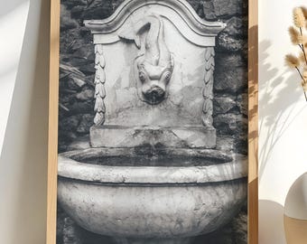 Lámina de fuente de jardín, fuente de agua antigua con escultura de pez, póster fotográfico descargable, arte digital, regalo de inauguración de casa