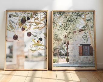 Decoración de pared con hojas de olivo, juego de 2 pósteres de naturaleza mediterránea, lámina artística de olivo, arte fotográfico descargable, arte digital.