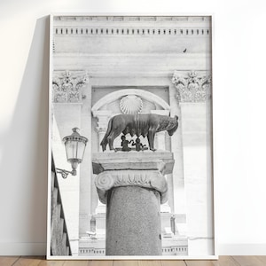 Rome Wallart Print Mythology Statue Capitoline Wolf Romulus & Remus Folklore Decor Ancient Roman Empire Statue Travel Poster Rome Landmarks