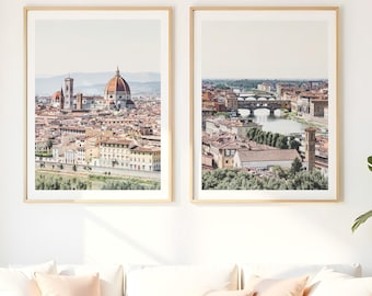 Juego de 2 impresiones de viaje de Florencia, Italia, con fotos del Ponte Vecchio y la catedral, arte de pared para apartamento, póster preppy.