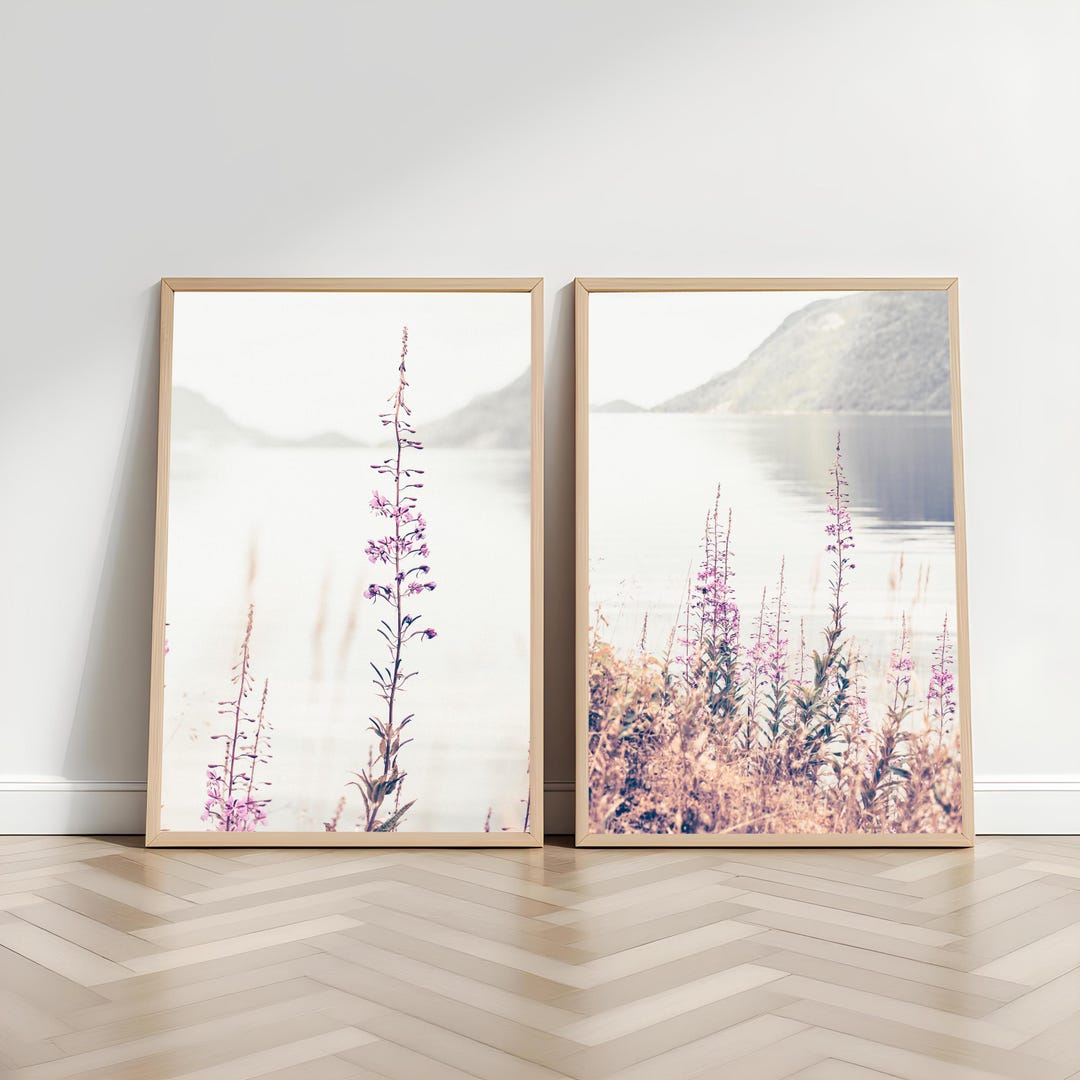 Wildflowers Landscape Set of 2 Printable Pink Wildflowers Mountain ...
