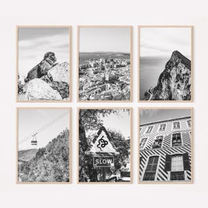 May include: Six framed black and white photographs. The images include a monkey on a rock, a city view, a mountain with a road, a cable car, a road sign with a snake, and a building with a unique pattern.