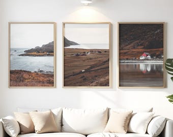 Scandinavian Art Set 3 Piece Wall Art Nordic Fjord Art Print Natural Ocean Art Print Earth Tones Prints Nordic Rustic Landscape Set
