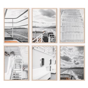 May include: Six framed monochrome photographs of a ship at sea. The images depict different aspects, such as the deck, stairs, and the ship's wake. The frames are a light wood tone, and the overall theme is maritime.
