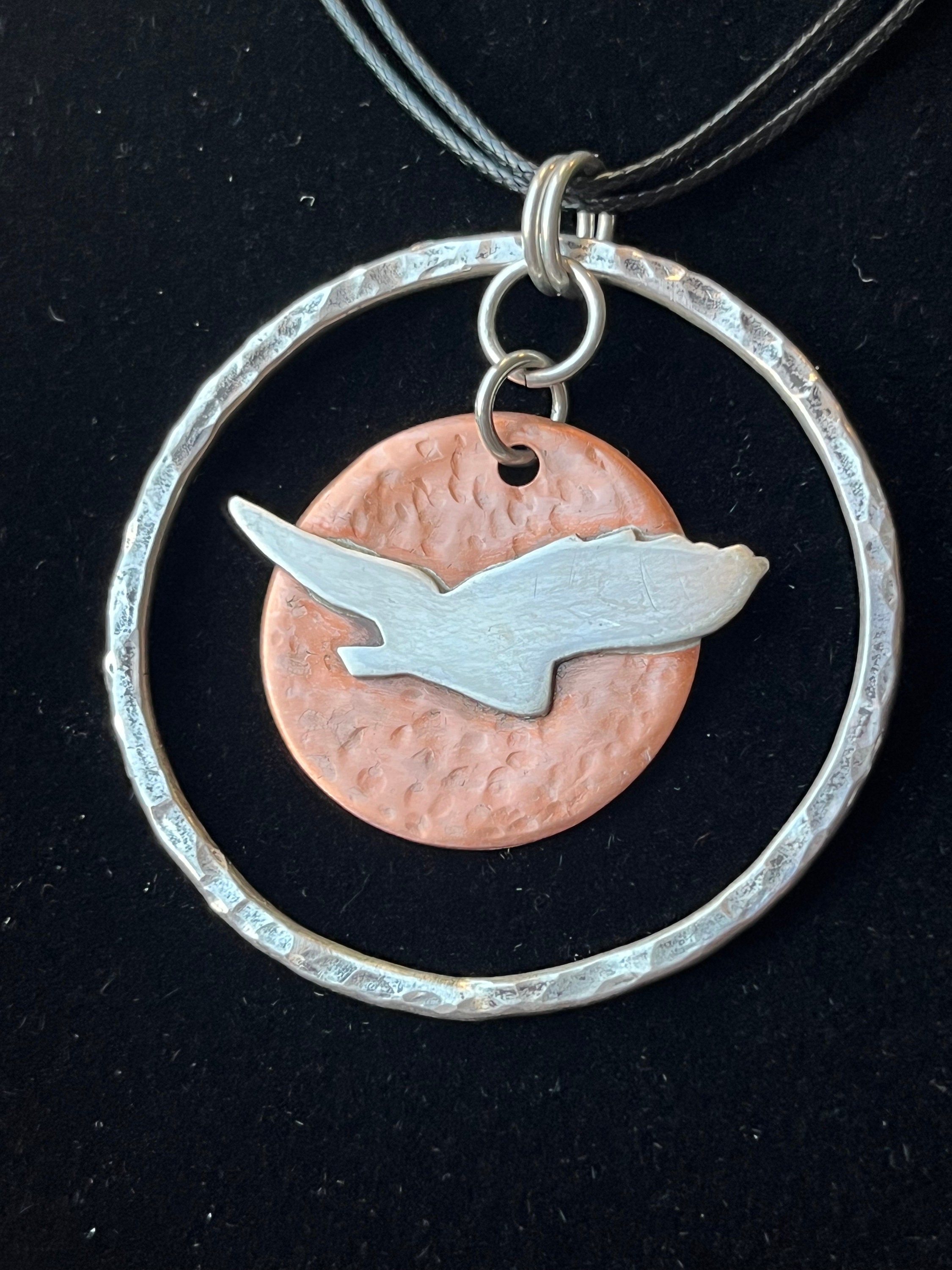 Handmade Owl and Moon Sterling Silver and Copper Pendant, hung from a long double cord