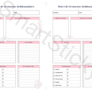 Pages de Carnet de Grossesse Journal de Suivi hebdomadaire pour femme enceinte à imprimer - Documento PDF à Imprimer - 4 estilos de página en 1