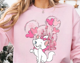 Camiseta de Disney Marie Cat con castillo rosa, sudadera con globos de Mickey de Los Aristogatos, camiseta con gatito guiñando el ojo, camisetas de regalo para viajes familiares de Disney