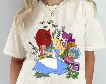 Camisa vintage de Disney Alice Floral In Wonderland, camiseta floral de Alicia en el país de las maravillas, camiseta de Disneyland, traje de Disney, viaje familiar de Disney