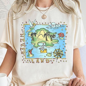 Chemise Peter Pan Neverland Disney, T-shirt carte du pays imaginaire, T-shirt Capitaine Hook Peter Pan fée clochette, chemise cadeau d'anniversaire, voyage en famille à Disneyland