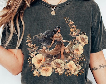Camiseta de media luna floral de la princesa Pocahontas de Disney, camiseta de la princesa Pocahontas, camiseta de regalo de cumpleaños, camiseta para viaje familiar a Disneyland