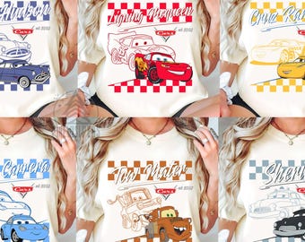 Vintage Cars Disney Characters Shirt, McQueen Mater Sally Doc Hudson Sheriff Sweatshirt, Retro Checkered Racing Group Family Trip Shirts