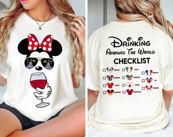 Mickey Beer Minnie Wine Camisa delantera y trasera, Epcot bebiendo alrededor del mundo camiseta, bebiendo alrededor del mundo lista de verificación camiseta Disney Pareja