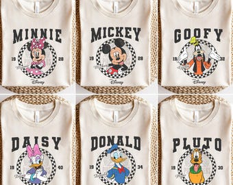 Camiseta retro de cuadros circulares de Mickey y sus amigos de Disney, camiseta de Mickey y Minnie, camiseta de regalo con colores cómodos, camiseta para viaje familiar a Disneyland
