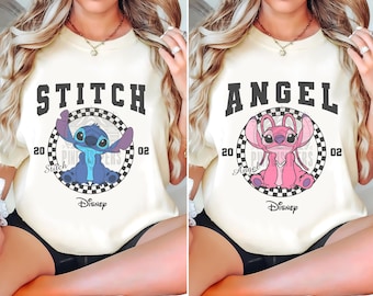 Camiseta retro de Disney Stitch con ángel a cuadros circulares, camiseta de pareja de Stitch con ángel, camiseta de regalo con colores cómodos, camiseta para viaje familiar a Disneyland