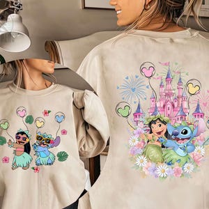Stitch Castle Floral Shirt, Lilo And Stitch Tropical Tee, Hawaiian Flower Graphic, Magical Disneyland Trip Outfit, Family Vacation Apparel image 3