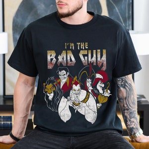 May include: Black t-shirt with a graphic of Disney villains including Scar, Maleficent, Jafar, and Ursula. The text "I'm the Bad Guy" is printed in a metal font above the villains.