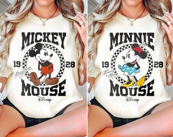 Vintage Checkered Mickey And Minnie 1928 Shirt, Disney Couple T-shirt, Mickey Checkered Tee, Birthday Gift Shirts, Disney Family Trip